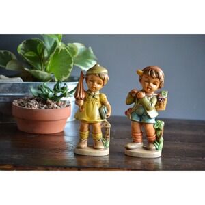 Vintage Village Children Ceramic Figurine Mid Century girl boy umbrella‎ basket